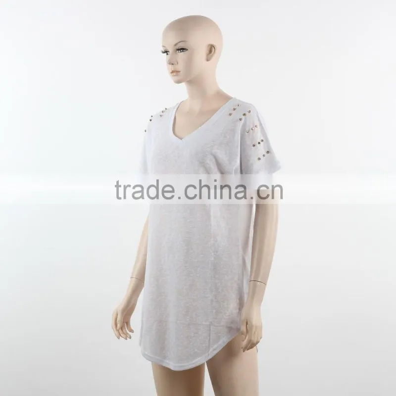 F5W13021 New Fashion Beads Embroidered Women White Long Sleeve T Shirts