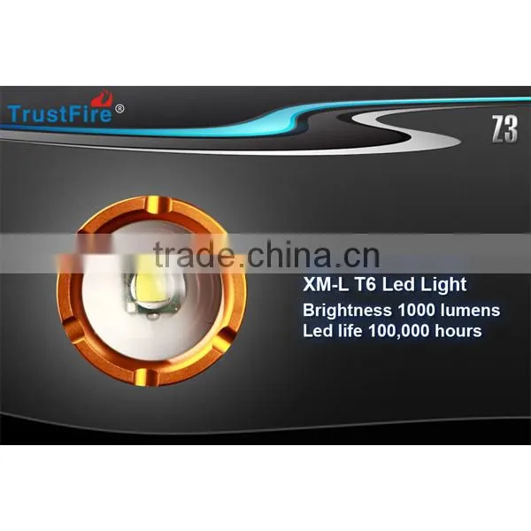 Trustfire original factory Z3 cree xml t6 led 1000lumens 18650 power led flashlight with zoom flashlight 5 mode flashlight