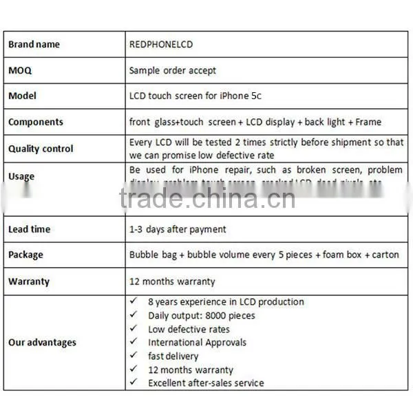 Mobile phone lcd accessories touch screen chinese copy for iPhone 5c aftermarket hot sale