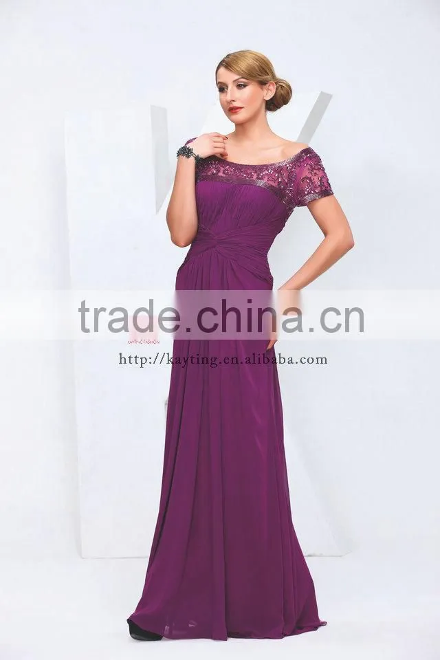 2014 Latest design short sleeve beaded and ruffle chaozhou evening dress