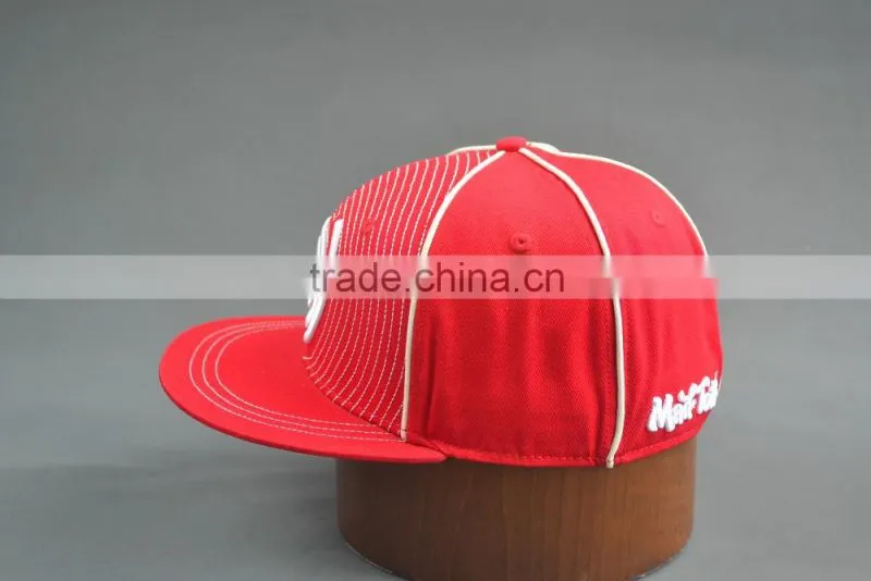 Red flat brim fitted caps with custom logos
