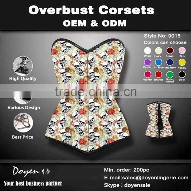 2016 new skull steel boned waist cinchers front zipper corset