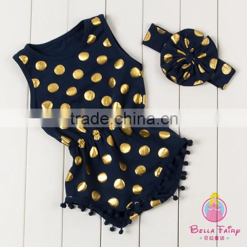 Wholesale baby romper with pompom trim, indian pompom jumpsuit for baby girl