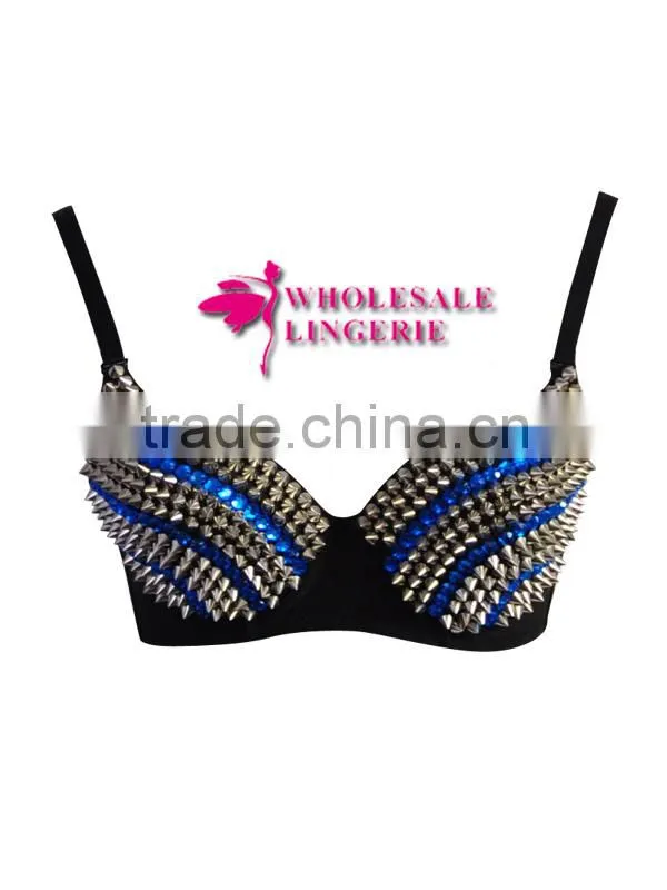 Gothic Punk Spike Bra With Blue Rhinestones