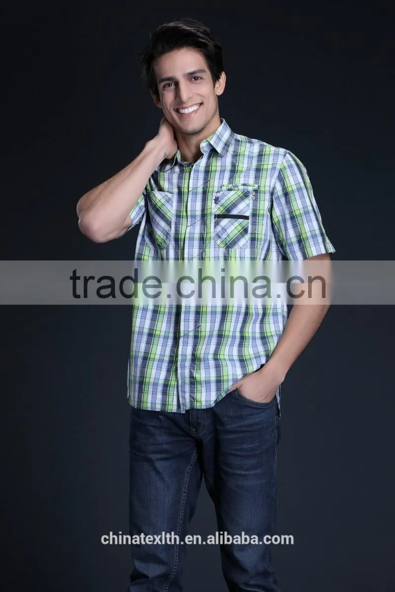 Fashion Short Sleeve Casual Design High Quality 100%Cotton Check Men Shirt