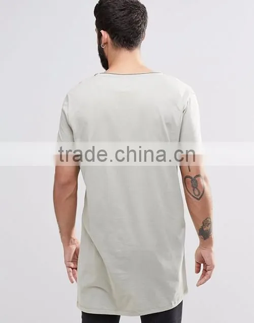 China suppliers custom men summer fashion 100% cotton raw scoop neck split hem long line t-shirt