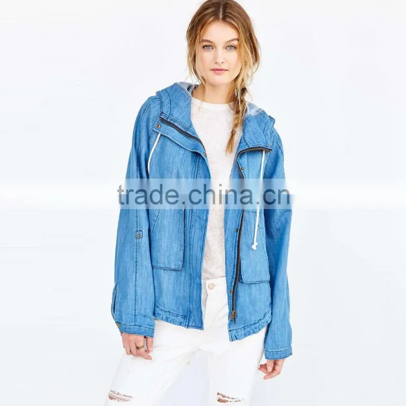 zip up women denim jacket oversized with hoodies and curved hem