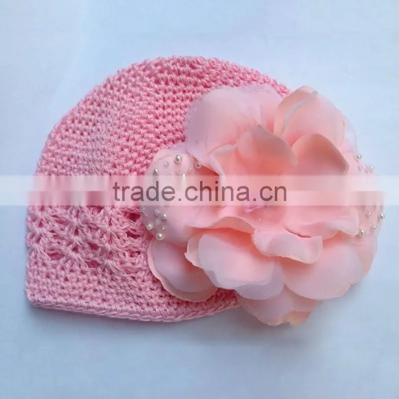 big flower peach color handmade crochat hat with pearl kids photo props pretty cap HT6012001