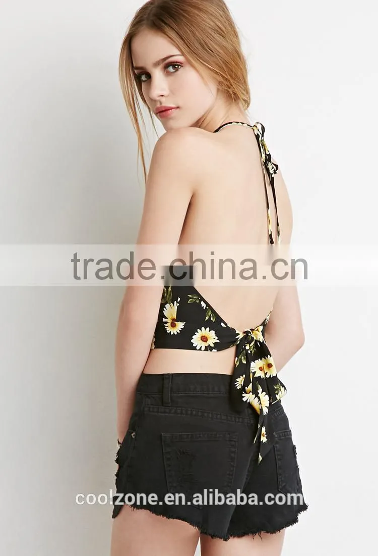 Fashion fully lined print top wholesale halter sexy woman crop top