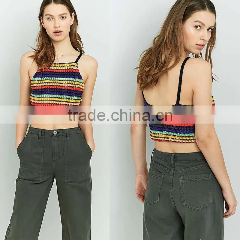 Distinctive off-the-shoulder spaghetti straps rainbow midriff cropped cami tank