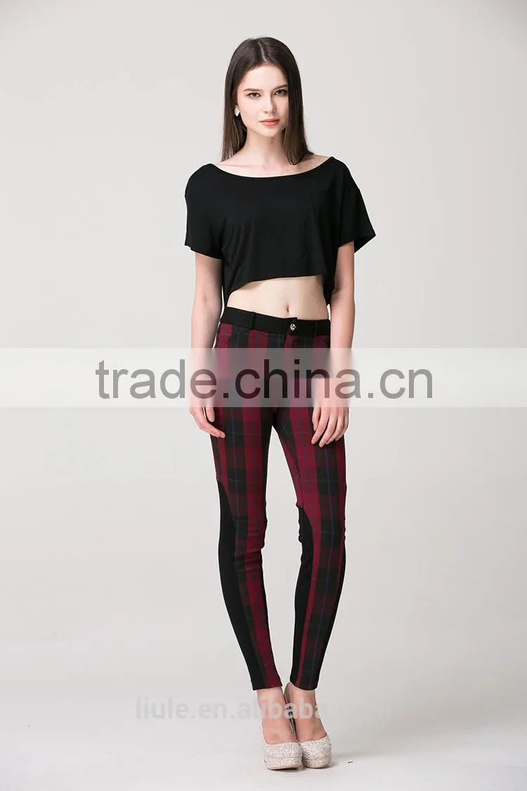 red plaid women casual pants with elastic fabric