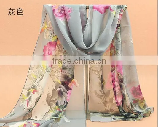 Fashion Women Chiffon Scarf Spring Summer Peony Flower Printing Elegant Lady Shawls Scarves