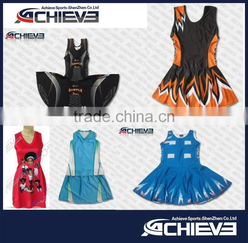 OEM sublimation netball dresses with shorts inside, lycra netbll boadysuit,custom made sublimation printing netball dress