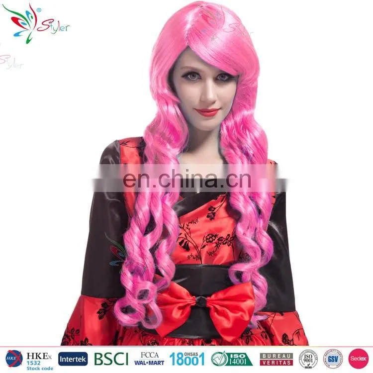 fashion women synthetic hair blue and pink long deep curly wig