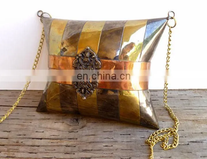 Brass Engraved Gold Clutch Bag with Velvet Interior