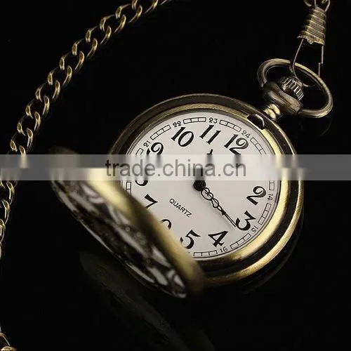 WP031 New Mens Coppery Stainless Steel Case White Dial Arabic Numbers Modern Pocket Watch With Chain