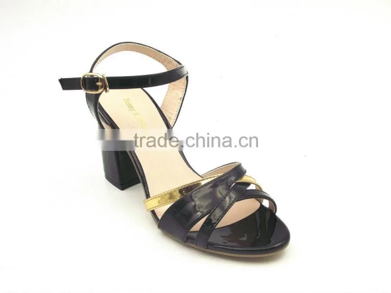 color matching thick heel italian leather Middle heel sandals ladies gold with black