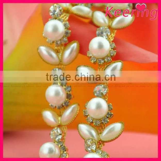 wholesale flower shape decorative rhinestone and pearl bead chain for garment WRC-215