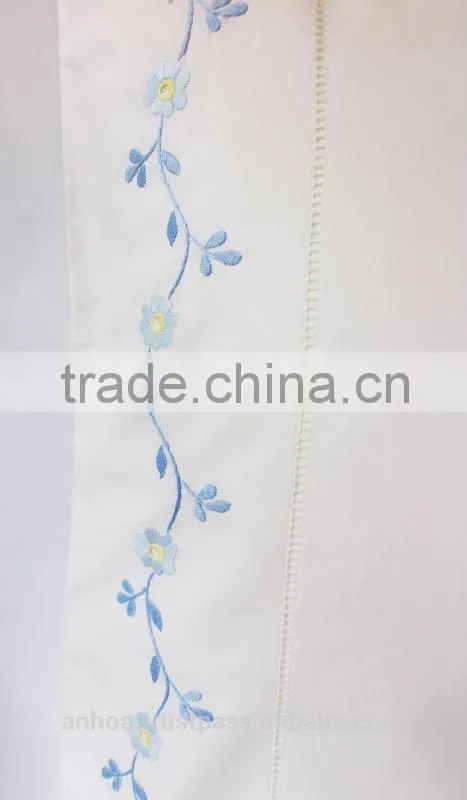 100% white cotton blue flowers and stems embroidered hemstitched pillowcases