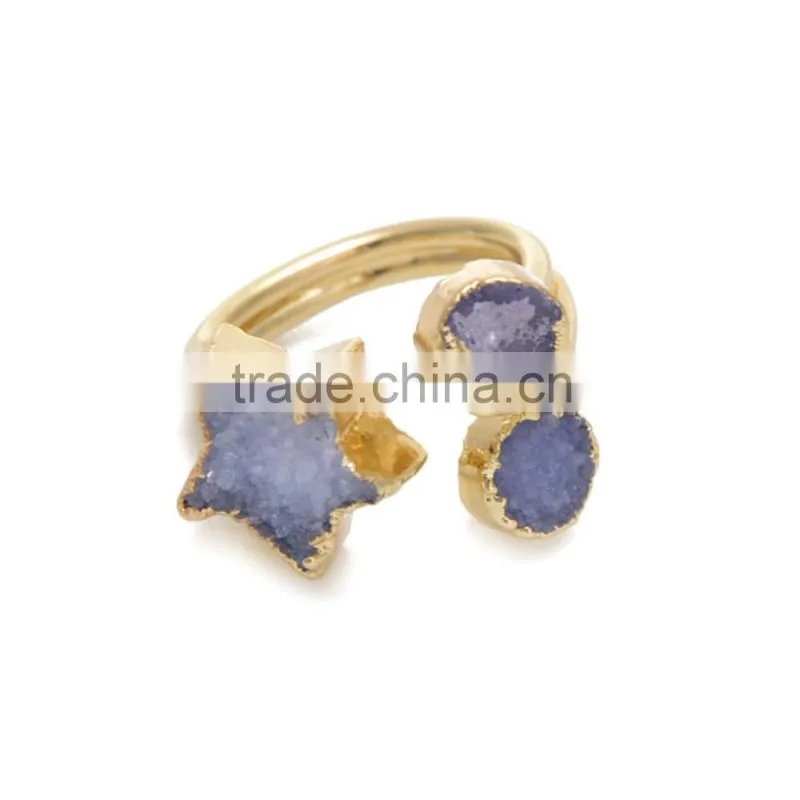 Beautiful Natural Raw Stone Ring Fashion Three Point Quart Ring Adjustable Five-Pointed Star Jewelry