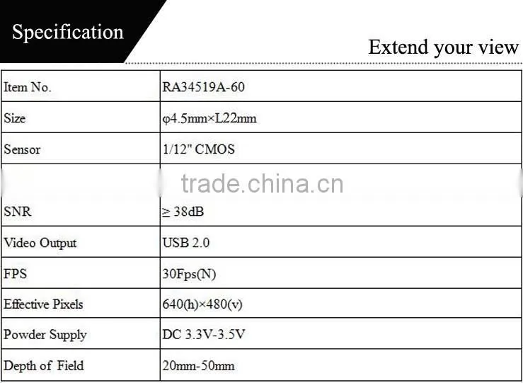 60 degree FOV 4.5mm Diameter 640*480 Pixels Cmos Sensor USB Camera Module