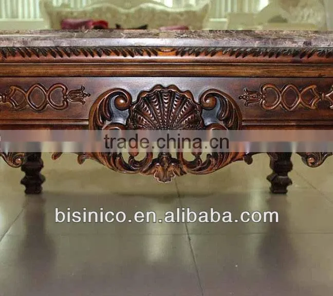 Luxury Spanish style living room square hand carved wooden coffee table marble table top