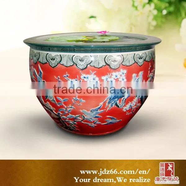 Red glazed birds and flowers wholesale fish aquarium decorations for garden decoration