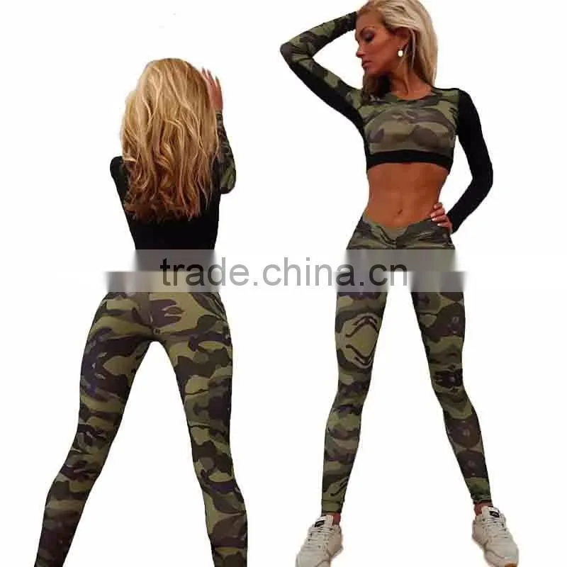 Cheap Wholesale Designer Fitness Camouflage Printed Tracksuit 2 Pieces Short Tops Long Bodycon Pants Sexy Casual Women's Set