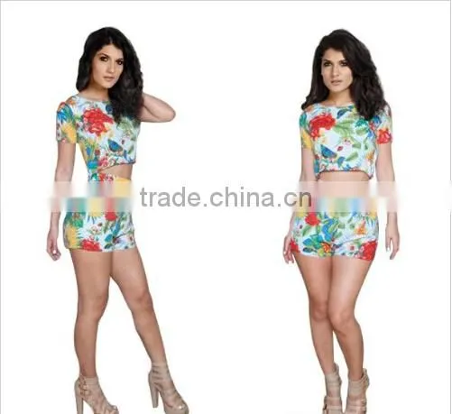 2014 Women Short Ladies Rompers Two Piece set and Crop top Evening Club Dress Casual Floral Printed Sexy Bodycon Jumpsuit