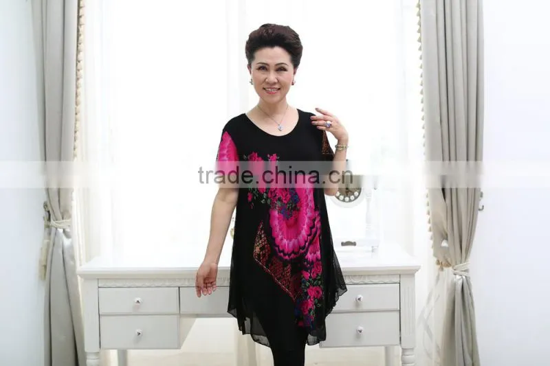 Elegant lace formal short sleeve printed floral loose blouses for old ladies
