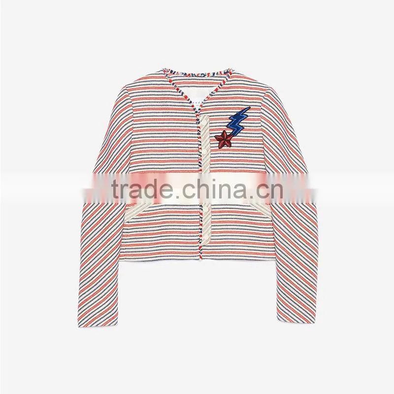 Ladies cotton leisure style striped collarless sequinned patches spring jackets