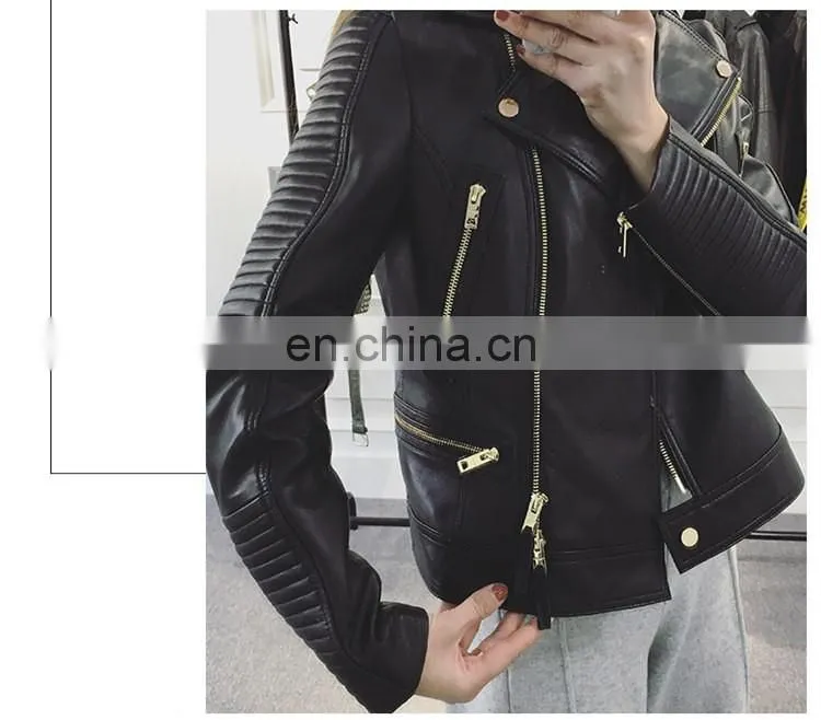 Wholesale Spring Female Long Sleeve Short Beaded Motorcycle Jacket Excelled Leather Jacket