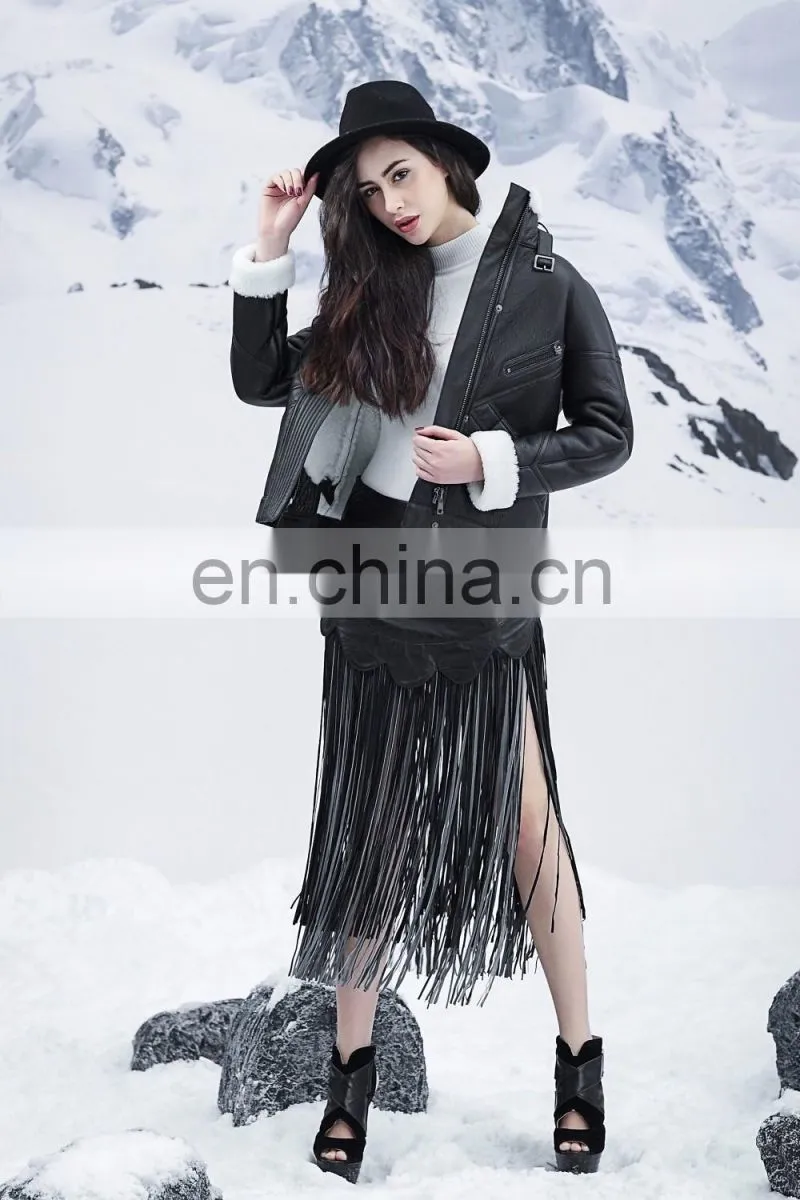 Cool Style Black Genuine Leather Jacket Women's Merino Sheepskin Fur Coat Punk Real Fur And Leather Jacket