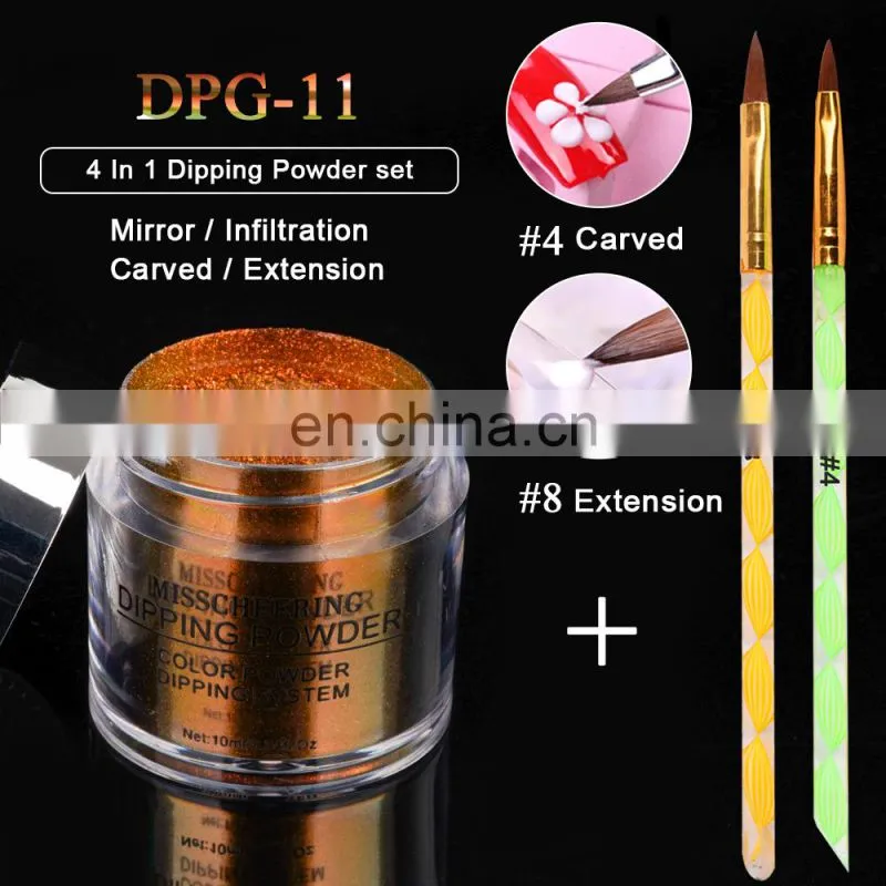 4 in one private label dip nail dipping powder kit extension gel mirror chrome powder with nail brush in stock