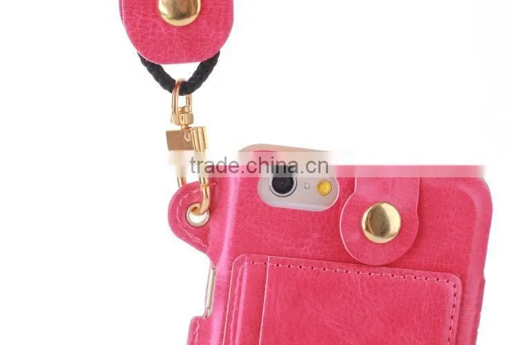 Luxury metal pu leather case with card slot for iphone 6/6s 4.7 Thin holder full back cover with string for iphone 6/6s 4.7