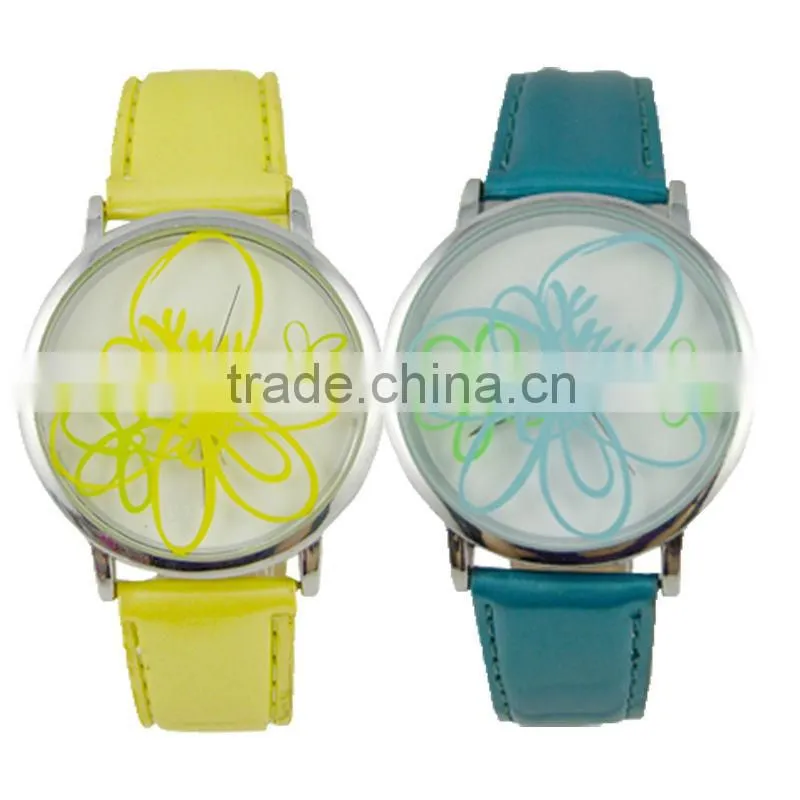 Europe Elegant Clear Flower Painting Women Leather Strap Watch