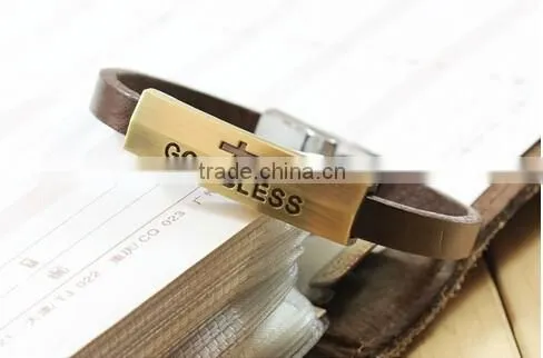 >>New arrival God bless cross leather bracelet/