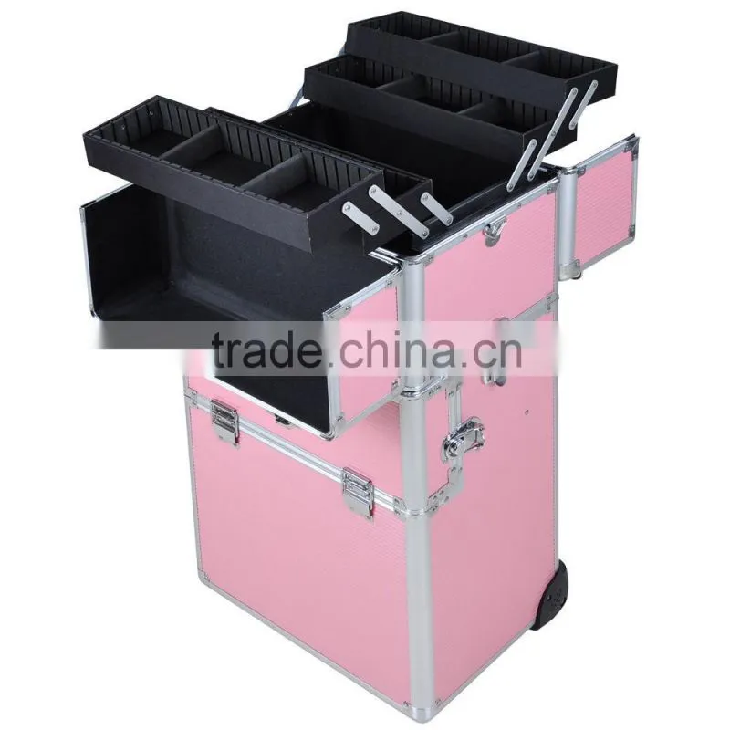 38" Pink 2 in1 Aluminum Rolling Makeup Train Case Lockable Wheeled Cosmetic Box
