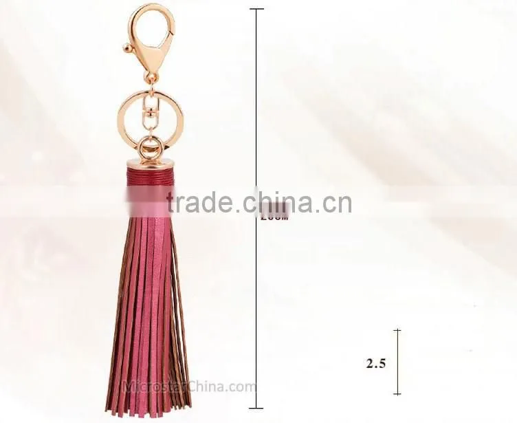 20cm PU leather Tassel keychain in stock 6 colors plated gold key chain