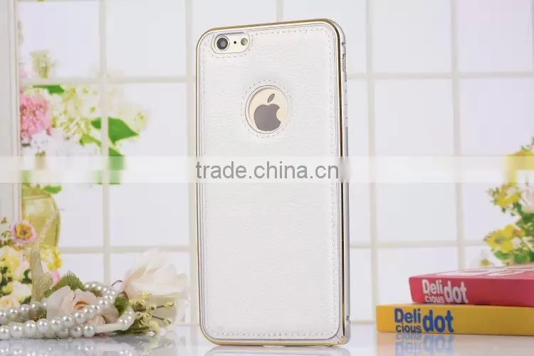 Leather Back Cover Metal Bumper Frame Case For iPhone 6,metal bumper for iphone6 plus
