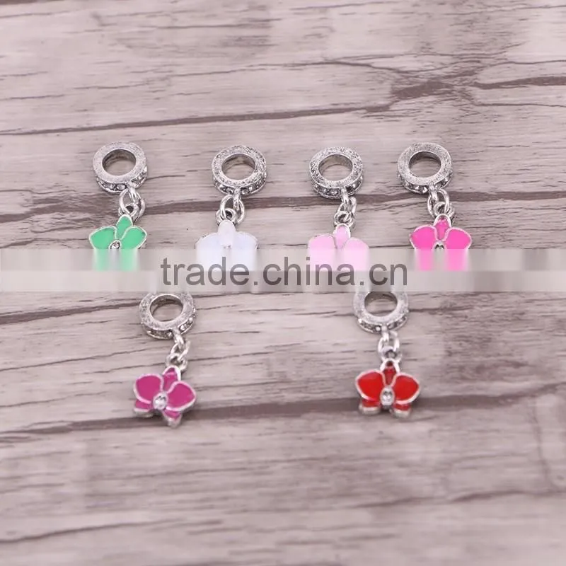 Dark silver european orchid hanging Enamel dangle bead Charm Fit European Charm Bracelet & Necklace