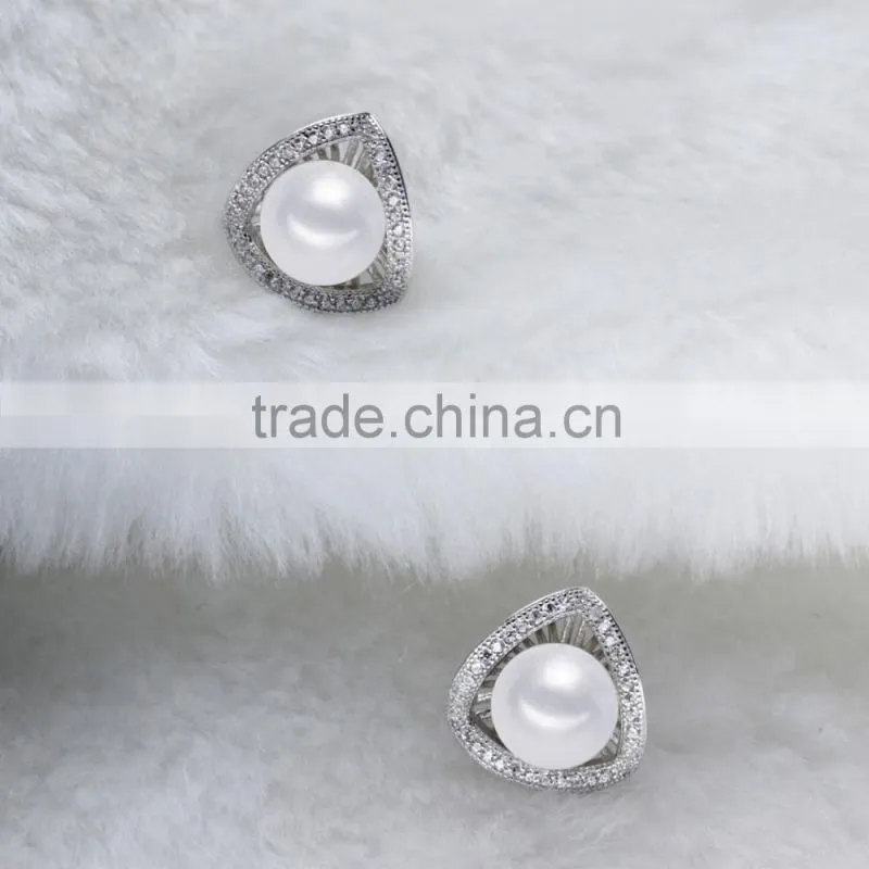fashionable sterling silver button zircon natural freshwater pearl earring and ring set