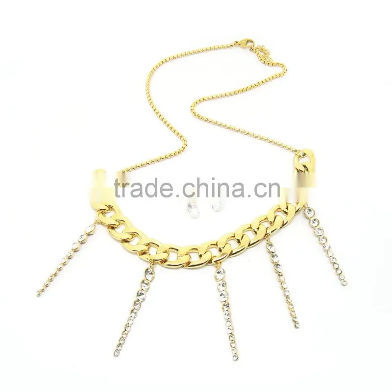 Attractive Women Gold Chain with Long Rhinestone Tassel Necklace