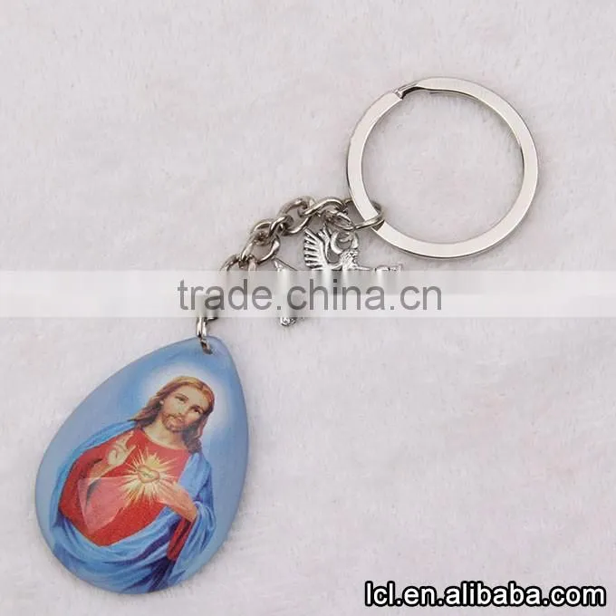 2016 new design key chain ring custom key holder blue clearly color Glass Sacred Heart key chain split key ring clip wholesale
