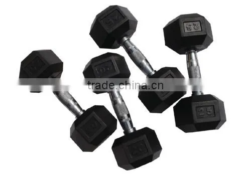 Black rubber dumbbell with steel handle