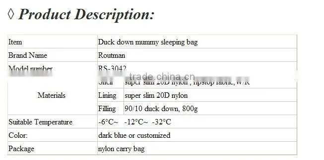 Luxurious human shape down filling mummy sleeping bag