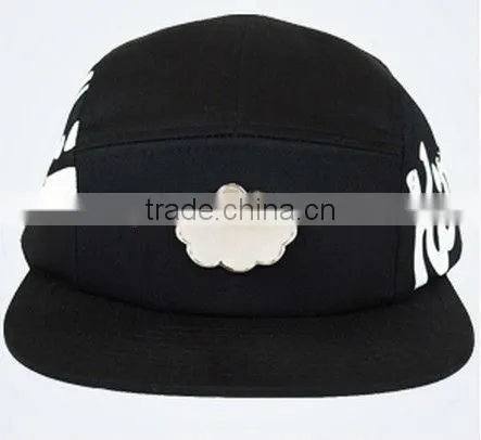 Long bill black hat with metal plate custom 5 panel adjustable cap