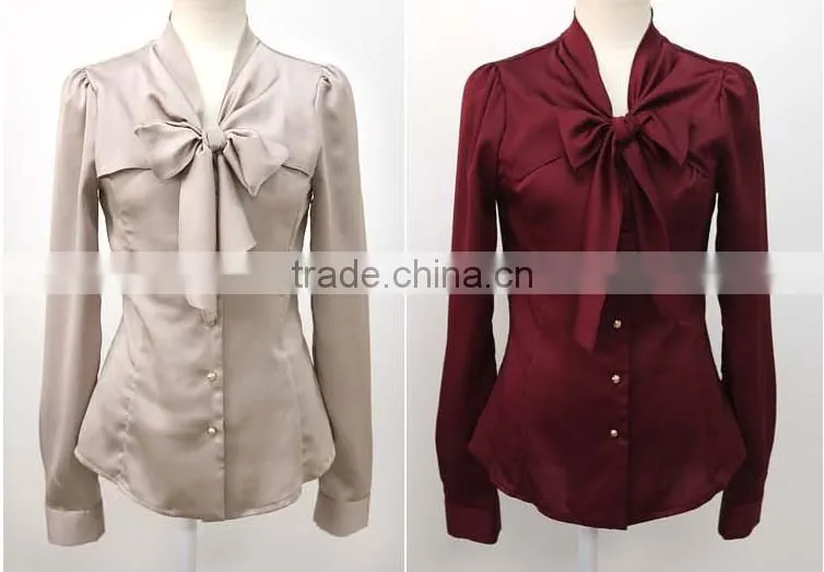 F20046B korea style long sleeve bowknot women blouse slim tops design