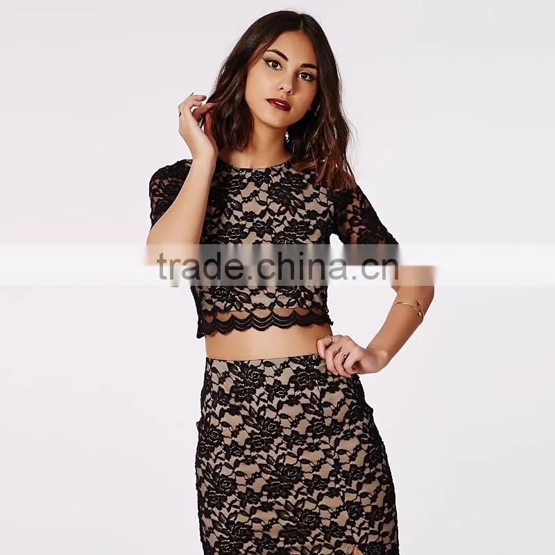 Women's summer rose pattern crop top shirt with slit long skirt suits