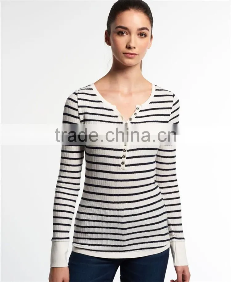 2016 China Manufacturer Shandao Latest Casual Style Autumn Long Sleeve Bodycon Striped Knit Cotton Women Fashion Tops